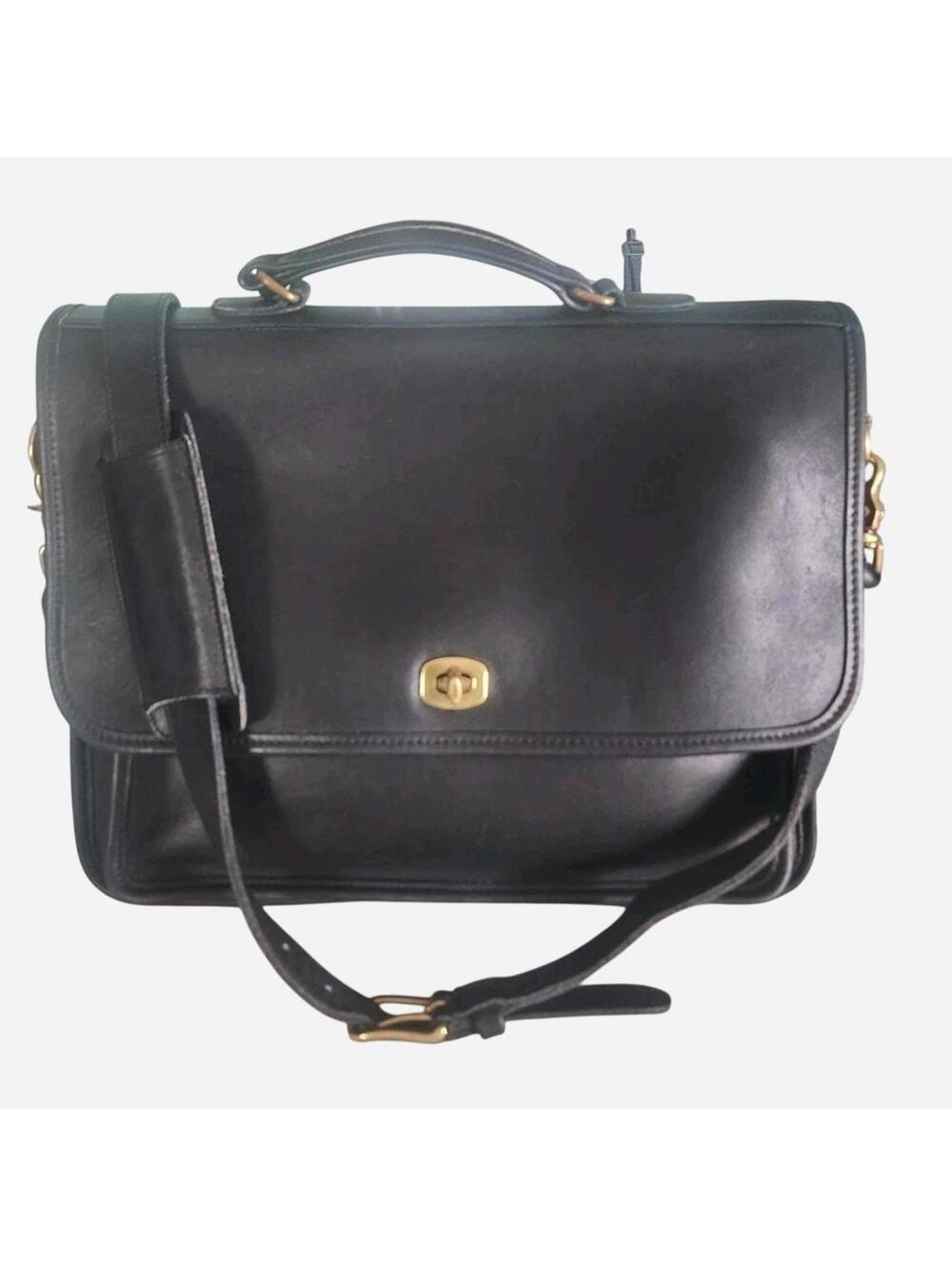 VINTAGE COACH BLACK LEATHER 1990s Crossbody Messenger BRIEFCASE BAG. EUC